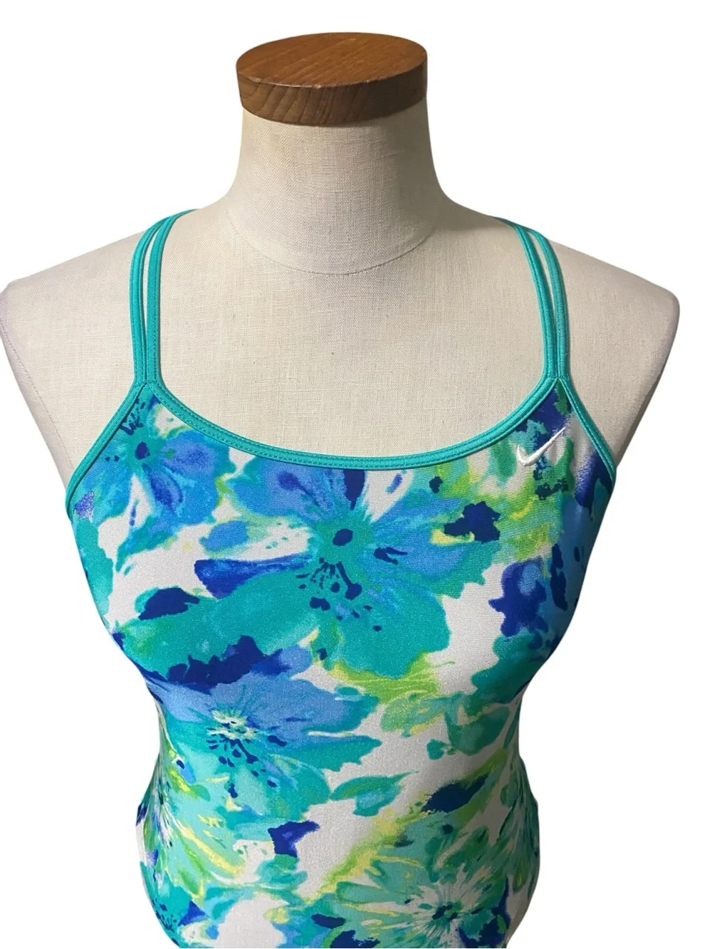 Nike Blue Green Floral Print Crossback One Piece Swimsuit 12 Athletic Sporty